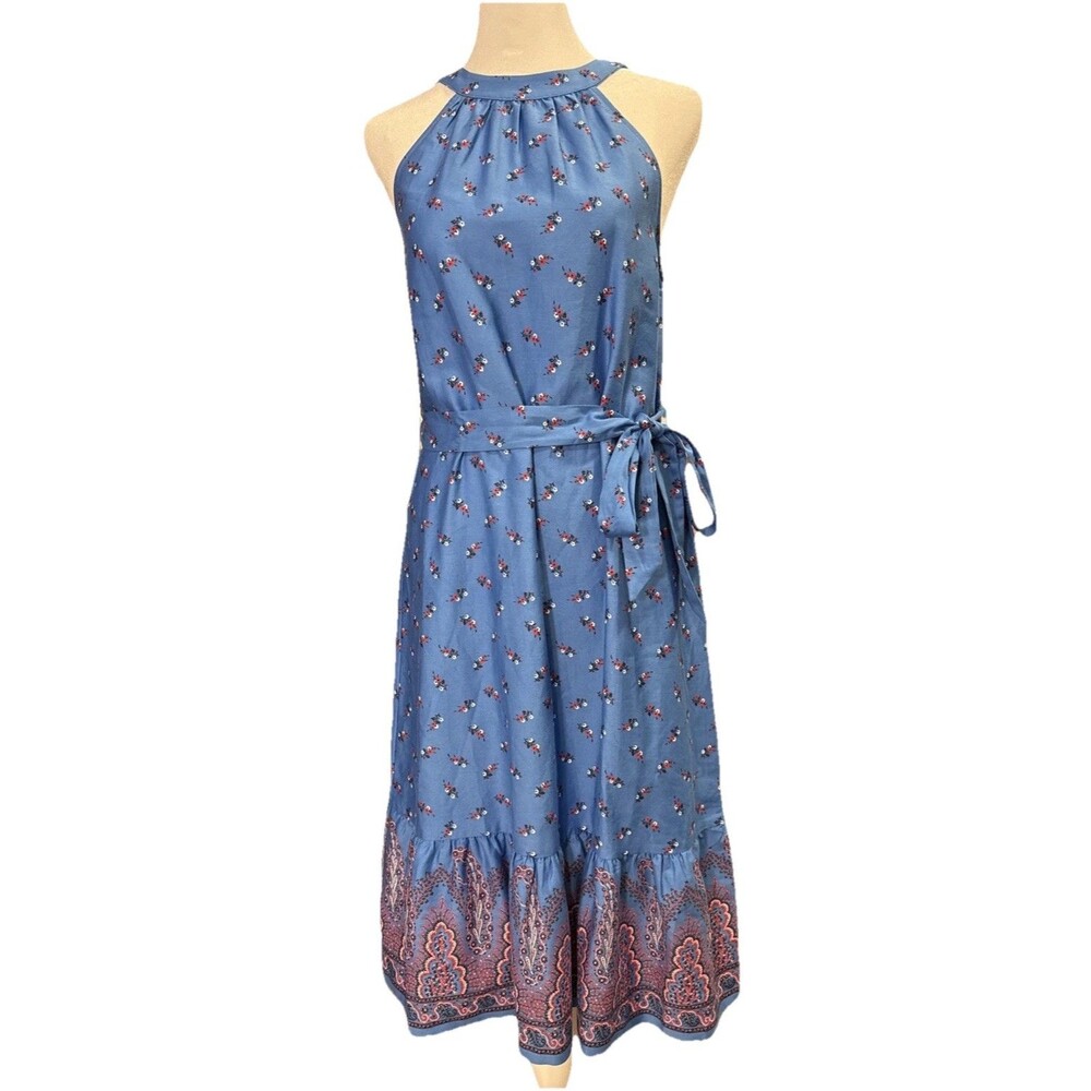 Ann Taylor Blue Halter Midi Dress NWT Bow Waist XS Flowy Boho Coquette Prairie